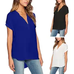 Летние женские свободные шифоновая рубашка Блузки Повседневная рубашка свободного кроя Блузка женская с v-образным вырезом с коротким