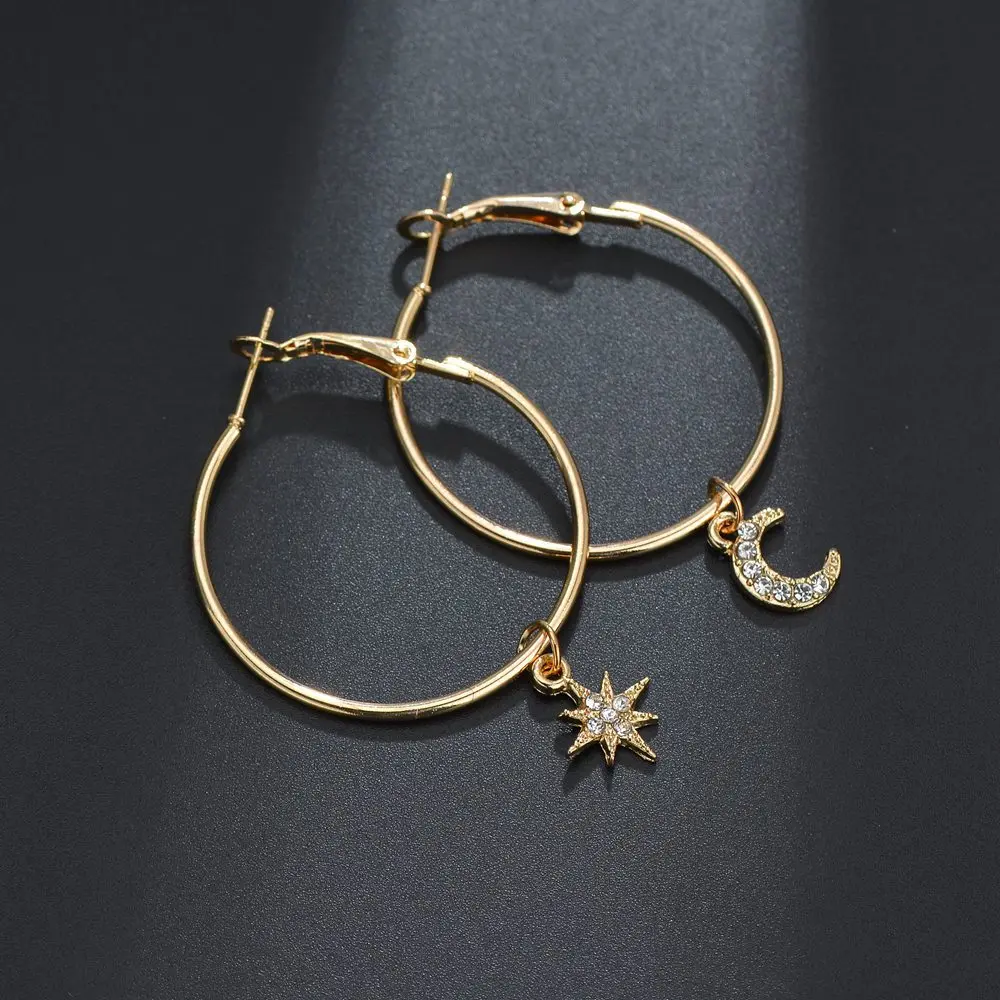 

SexeMara Gold Color Big Circle Earrings for Women Punk Rhinestone Moon and Star Asymmetry Hoop Earrings Birthday Gift