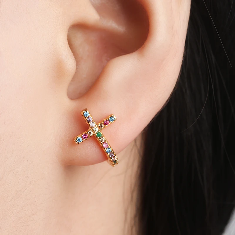 

2019 Gold Copper Cross Colorful AAA Cubic Zirconia Stud Earrings Fashion Jewelry Female Wedding Party Gift For Women's Fashion