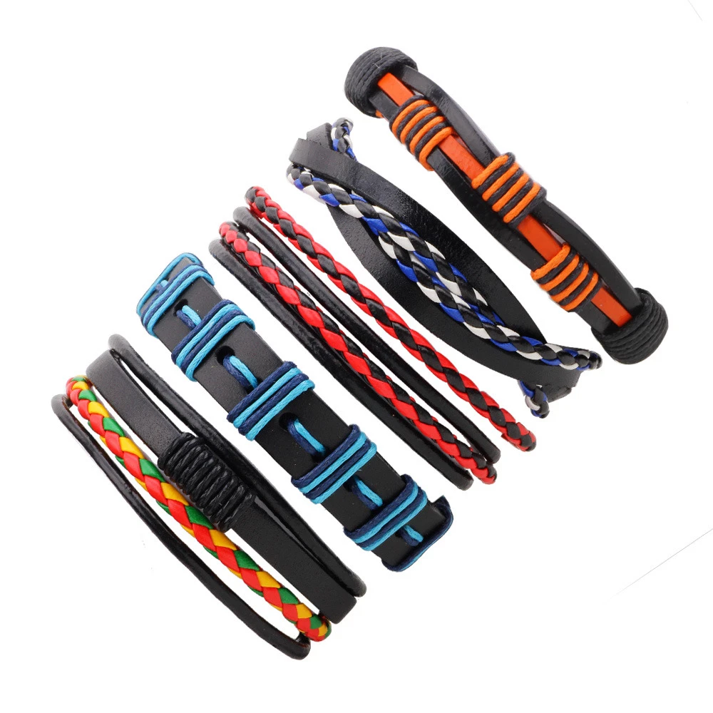 

1Set/6pcs Men's Woman Bracelets Fashion Bohemia Punk Leather Weave Black Multilayer Bracelets & Bangles Vintage Jewelry