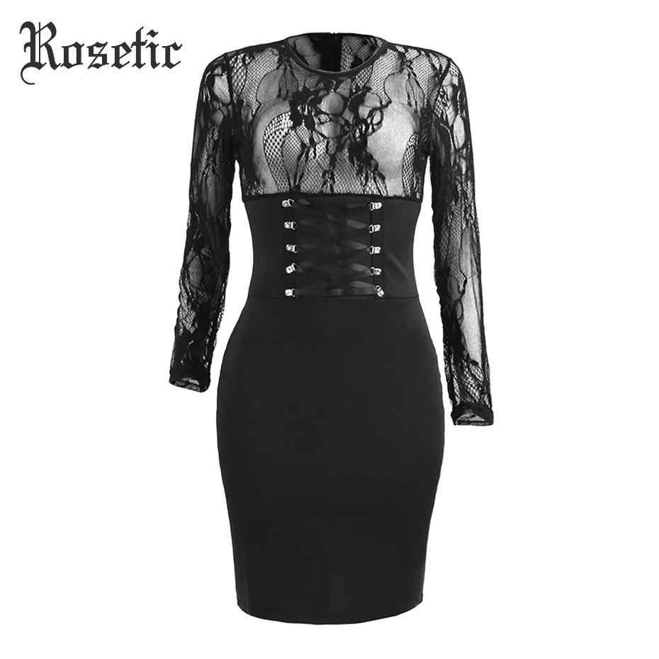 

Rosetic Gothic Sheath Bandage Dress Black Sexy Lace Backless Mesh See-Through Embroidery Patchwork Party Slim Goth Bodycon Dress