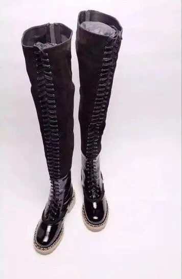 Gullick Gold Chain Flats Over The Knee Boots Round Toe Lace-up Tight High Boot Women Sexy Ridding Boots Winter Motorcycle Boots Women's Shoes
