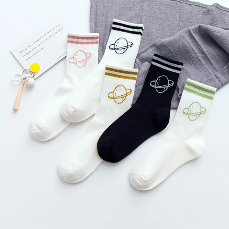 New 1 Pair Stripes Planet Cotton Socks Unisex Breathable Socks Retro Old School Short Ladies Tube Socks Women Men