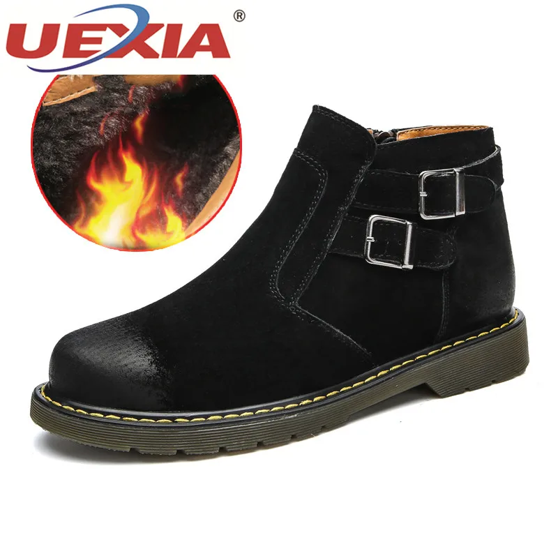 

UEXIA Winter Ankle Boots Men Casual Shoes Lace-Up winter suede Leather plush warm fashion men Tooling Men's Boots Botas with fur