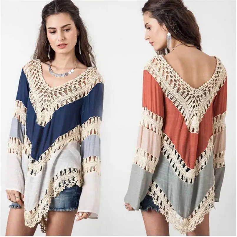 Crochet Sexy Pullover Womens Poncho Hollow Out Sweater Women Pull Femme V-Neck Jumpers Bohemia Autumn Capes And Ponchoes | Женская