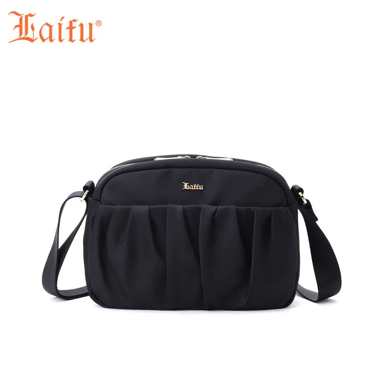 

Laifu Pleated Design Women Mini Nylon Messenger Crossbody Bag Girls Casual Handbag Waterproof Shopping OL, Black