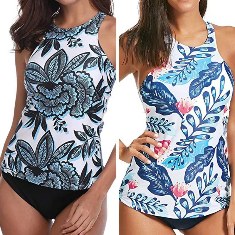 

Women Plus Size Tankini Set Halter Slim Tank Top Bohemian Colored Leaves Digital Printing Swimsuit Hollow Backless Bathing Suit
