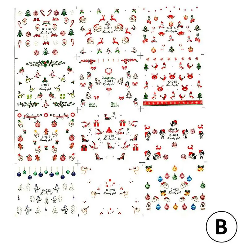 12 листов наклейки для ногтей художественное украшение 3D Рождественская елка Снежинки Снеговик Наклейки для Ногтей клейкие Водные Наклейки - Цвет: B