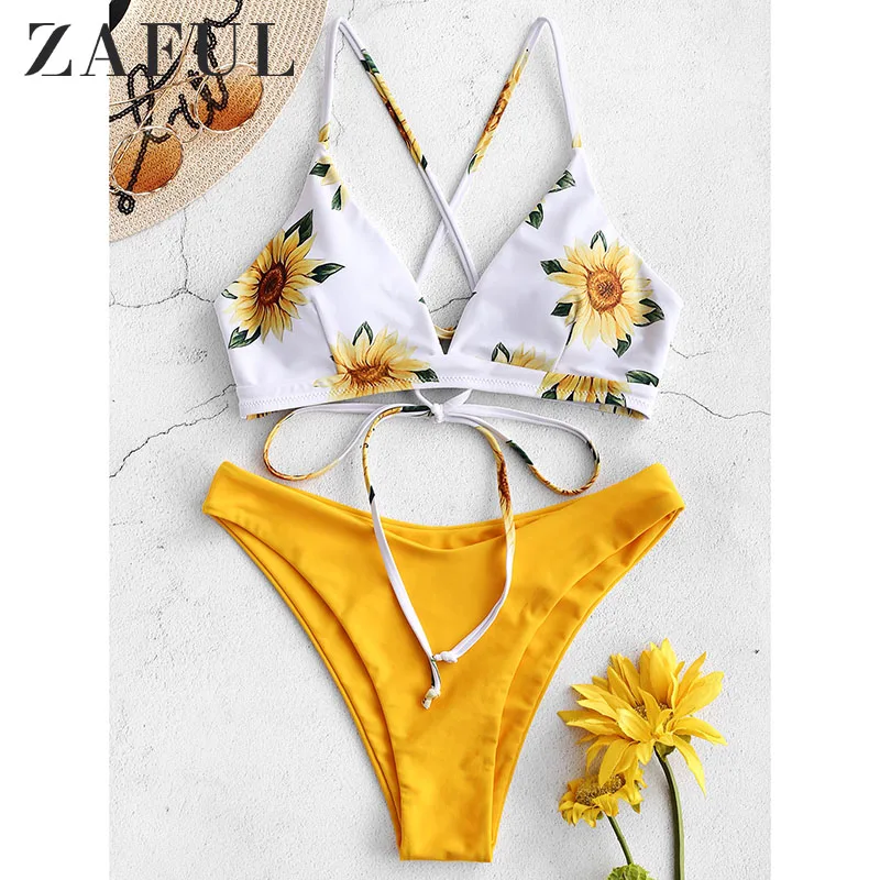 

ZAFUL Women Sexy Sunflower Print Bikini Set Two Piece Beachwear Swimsuits Cross Backless Push Up Bikinis Swimwear Bath Suit