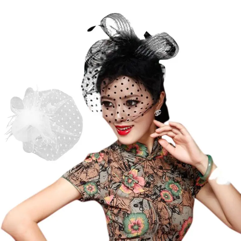 

Womens Retro Wave Point Mesh Veil Hat Fluffy Feather Solid Color Alligator Hair Clip Half Face Cover Bowknot Fascinator Small
