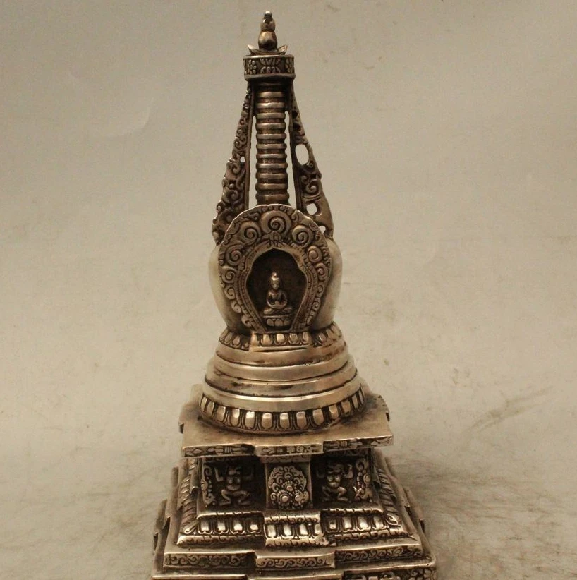 

8" Tibet Tibetan Buddhism Silver Shakyamuni Amitabha Buddha Stupa Pagoda Tower