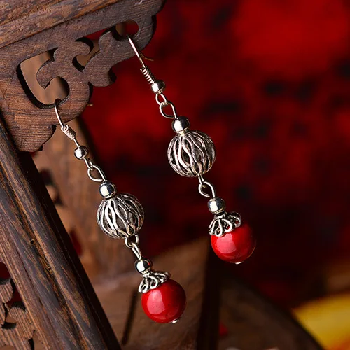 

SALE Bohemian Red Stone Tibetan Siver Alloy Drop Earrings Soutache Ethnic Ball Beaded Earrings for Women Bijoux Fashion Jewelry