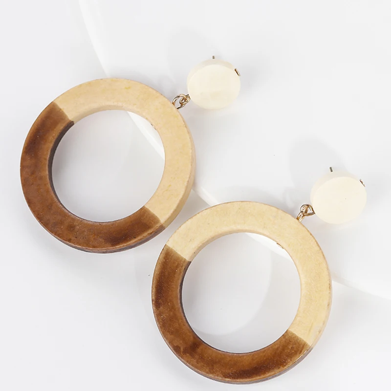 

AENSOA New Design Simple Women Earrings Hollow Round Handmade Wood Earrings Female Natural Geometric Circle Dangle Earrings Gift