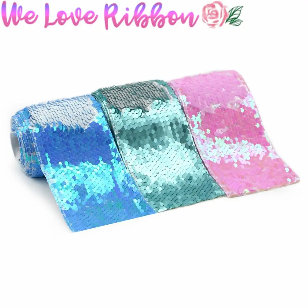 3&quot75mm Double Color Reversible Sequin Ribbo Matt Silver Hair Bowknots Making Lt. Blue Pink DIY Wedding Dress 2yards/roll | Дом и сад