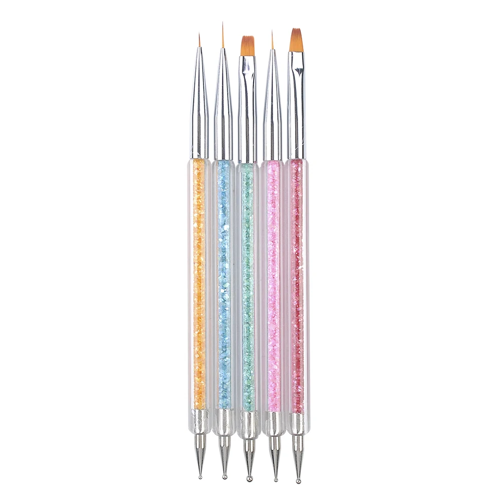 

5pcs/set Nail Art Two Head Brush Pen Stainless steel fiber Carving Brush Pen Sequins Acrylic Handle UV Gel Polish Drawing