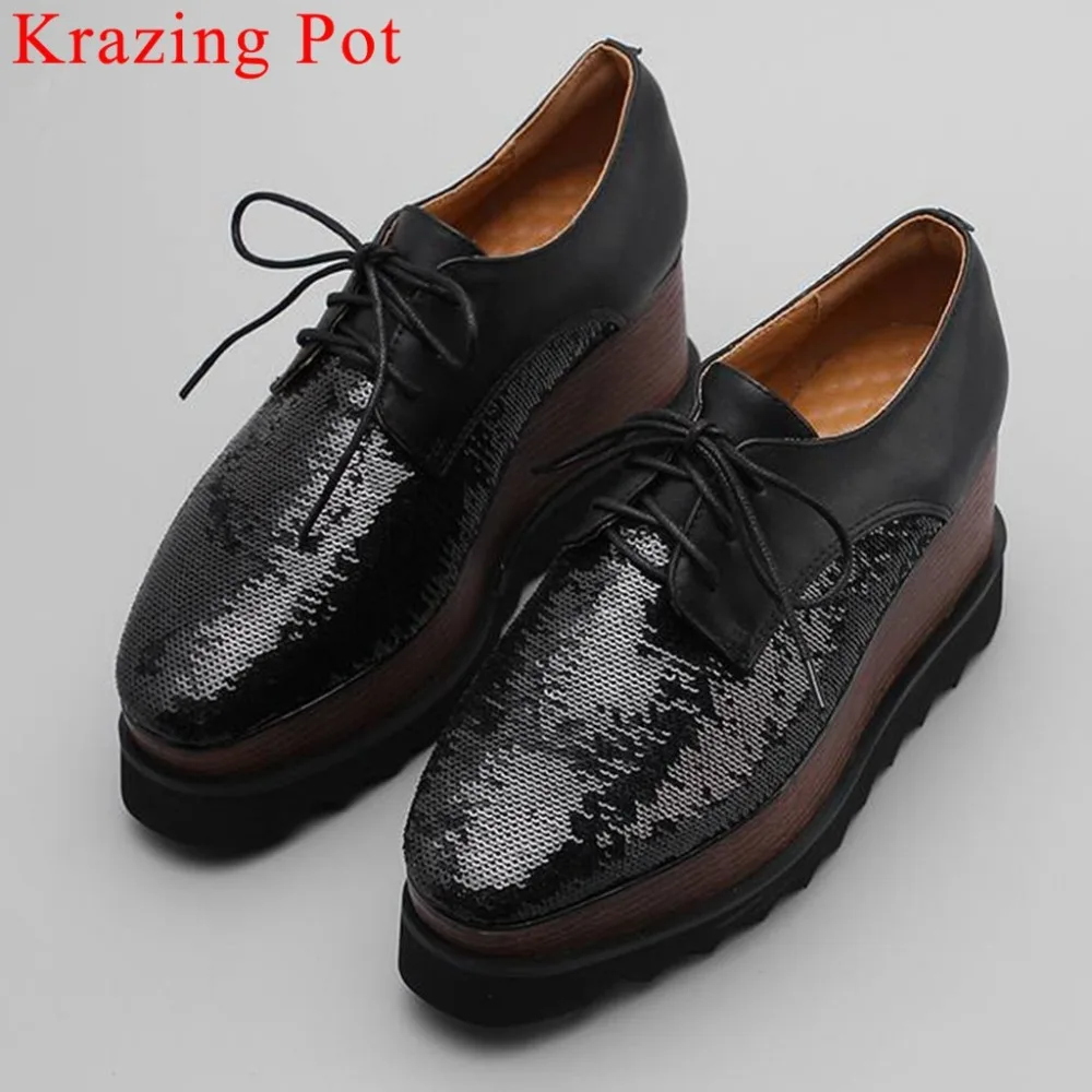 

2019 plus size Punk European style natural leather sequined wedges high bottom waterproof lace up square toe increased pumps L36