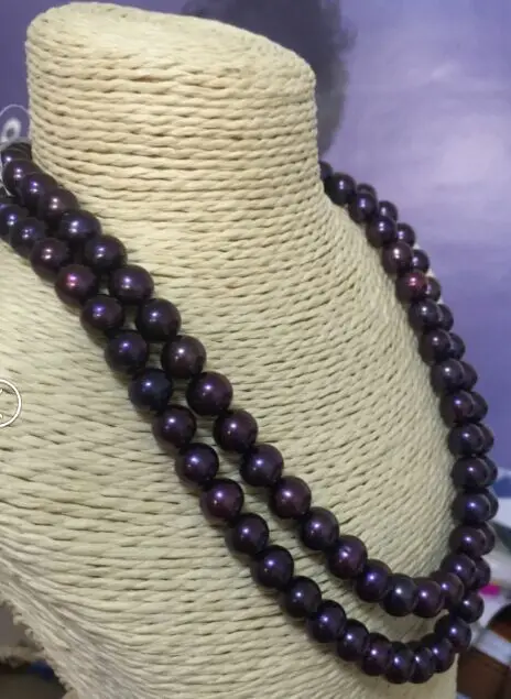 

double strands 9-10mm tahitian round black red pearl necklace 18
