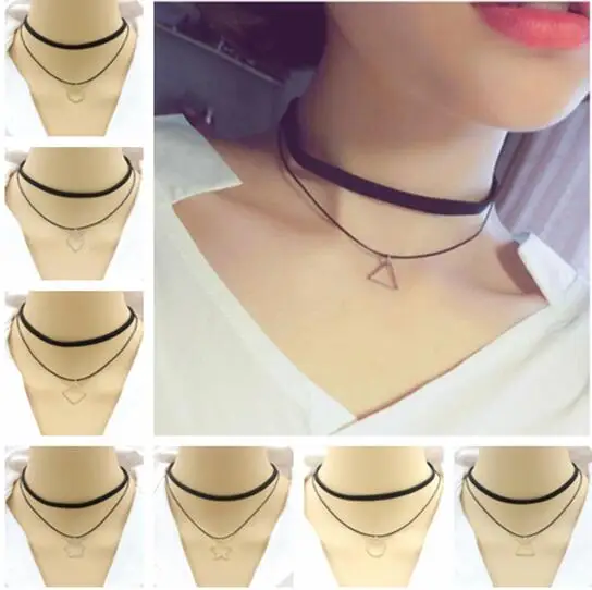 

Vintage geometric alloy triangle shape round square pendant simple Double layer combination neck chain female clavicle chain