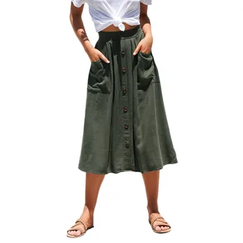 

Spring Summer Skirts Womens 2019 Midi Knee Length Korean Elegant Button High Waist Skirt Female Pleated School Skirt