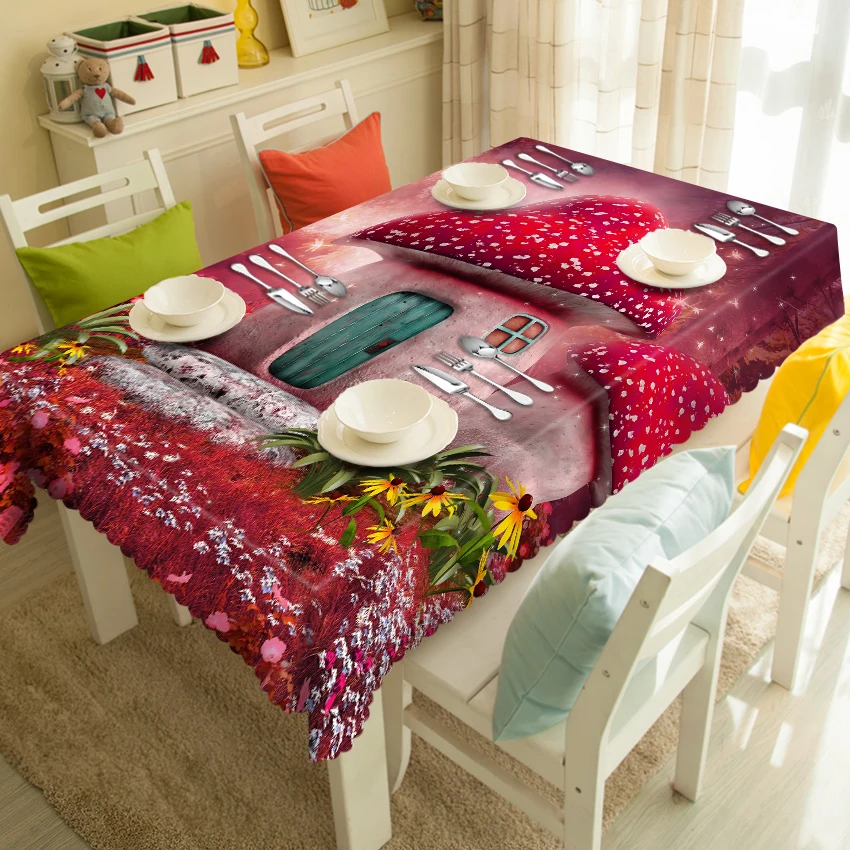 

3D Tablecloth Cartoon Red Mushroom Castle Pattern Polyester Waterproof Thicken Rectangular Wedding Dinner Table cloth Textiles