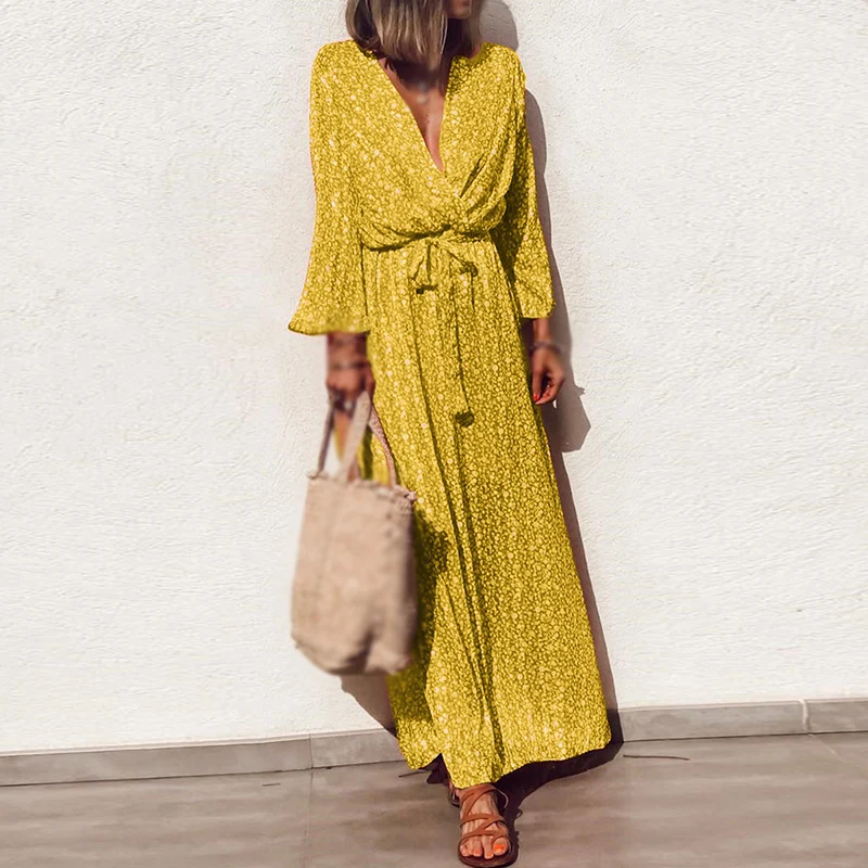 

Summer Women's Dress Beach Printed Casual Dresses Stylish Party Floral Holiday Front Tie Retro Maxi V Neck Boho Female Dress