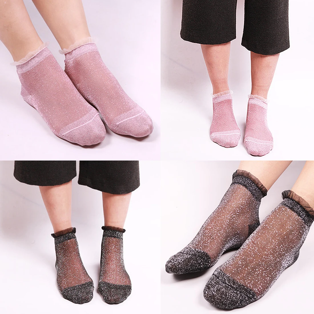 

Women Lace Silk Socks Crystal Glass Short Thin Transparent Colorful Crystal Silk Lace Boat Socks Chaussette Female Socks