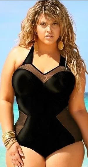 Plus size black swimsuit women mesh one piece swimwear