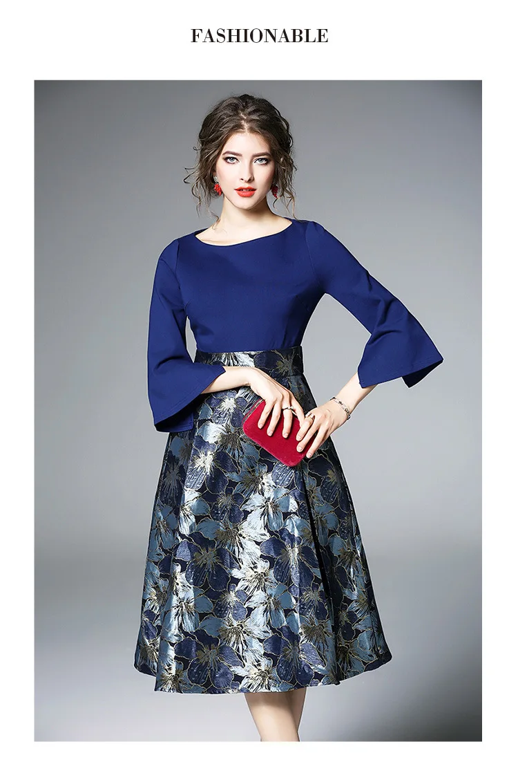 Синие жаккардовые туника миди платье элегантные привлекательные офисные туфли вечерние модные пляжное платье Весна наручные с расклешенными рукавами Костюмы