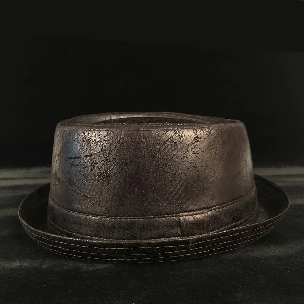 

4 Big Size 100% Leather Pork Pie Hat For Dad Fedora Hat Men Boater Flat Jazz Hat For Gentleman Porkpie Top Dad Hats