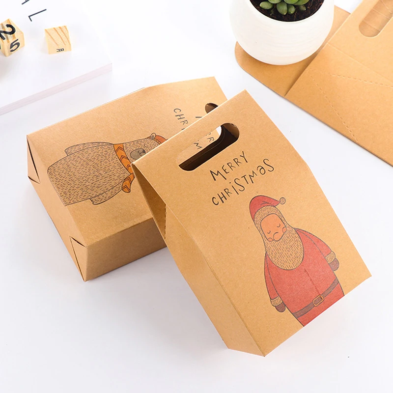 3Pcs/5Pcs Xmas Kraft Paper Gift Bags Santa Claus Elk Polar Bear Pattern Cookies Holder Pouch Christmas Candy Box Party Decor