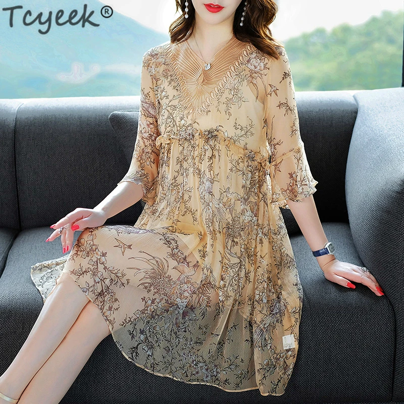 

Tcyeek Party Dress Women Elegant Silk Dress Mini Print Floral Maxi Dresses Summer Loose Vestido Vintage Vestidos Verano LWL1488