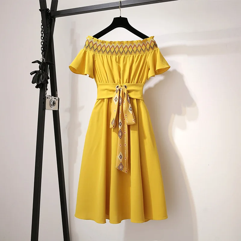 S-2XL летнее платье с вырезом лодочкой, Ретро стиль, женское пляжное длинное платье, элегантное вечернее платье, бохо, повседневное, желтое, розовое, шифоновое платье - Цвет: YELLOW