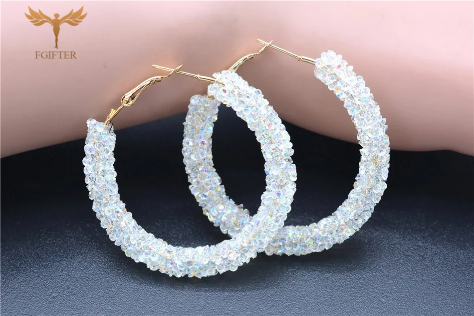 Blue Crystal Round Earrings for Women 48mm Big Hoop Earrings Gold Silver Color Cuff Hoops Woman Earrings Circles Jewelry