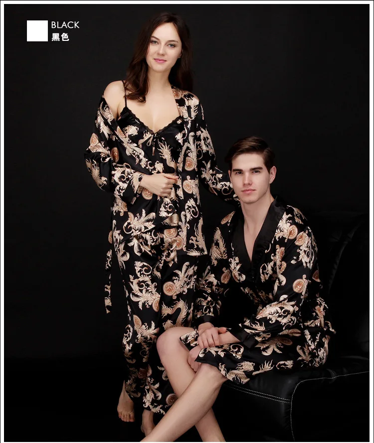 Парные кимоно с принтом дракона халаты мужские черные шелковые атласные ночные рубашки женские кимоно сексуальные ночные рубашки халат пижамы наборы