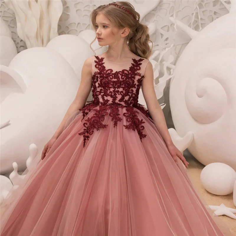 

Cute Embroidery Flower Girl Birthday Dresses Ball Gown Round Neck Sleeveless With Lace Mesh Kids Girls Pageant Dress Clothes