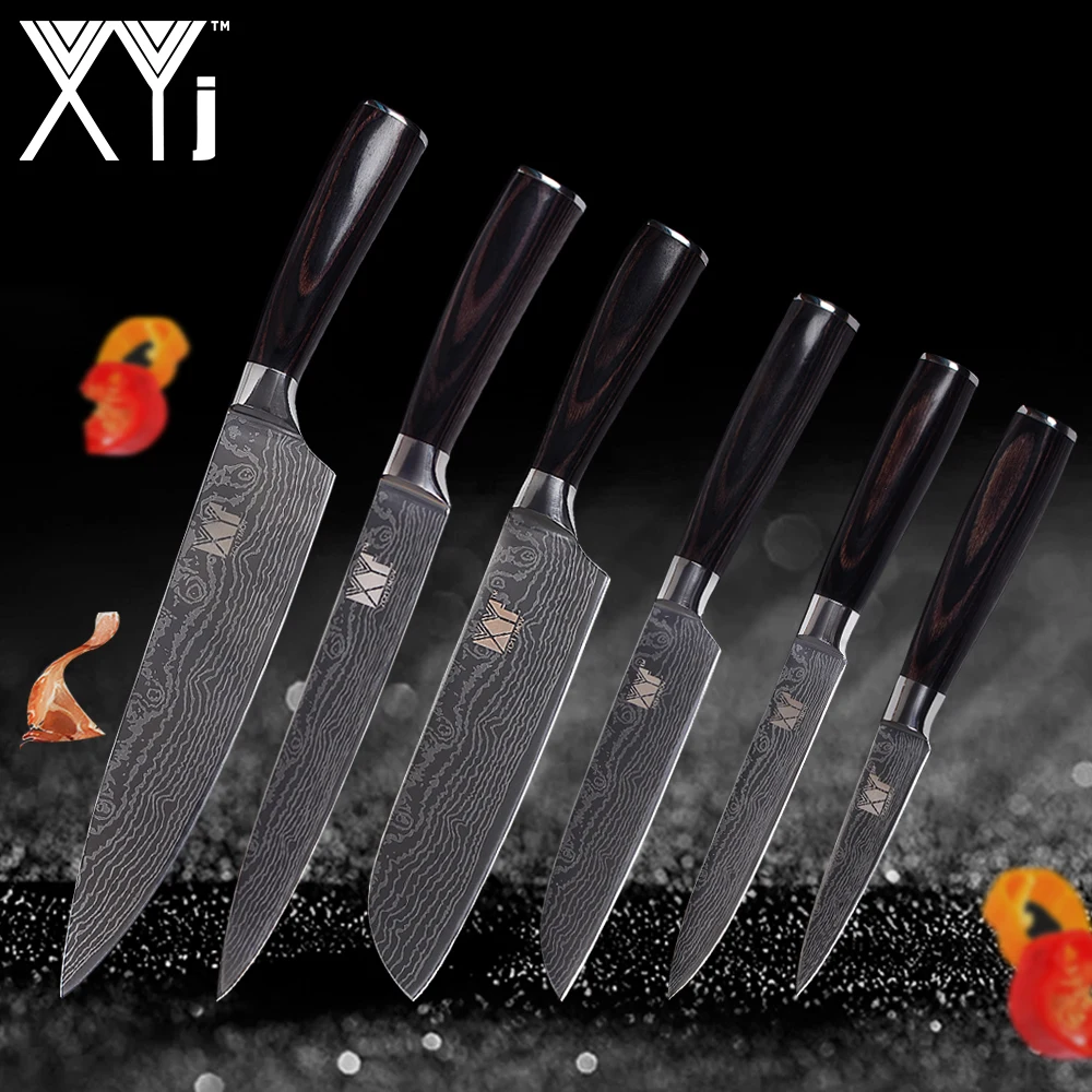 

XYj Kitchen Knives Set Stainless Steel Knives Kitchen Tools 3.5 " 2*5" 7" 8 " 8" Cooking Knives Color Wood Handle Beauty Veins