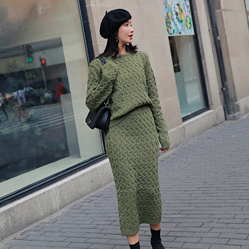 

HAMALIEL Green Knitted Hemp Flowers Loose Thick Long Sleeve Sweater Tops 2 Piece Suits + Midi Pencil Bodycon Elastic Skirt Suits