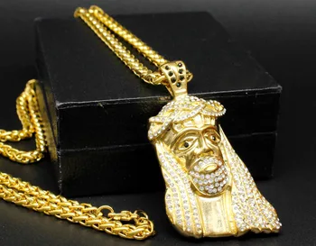 

GOLD FINISH STAINLESS STEEL HUGE MICRO JESUS FACE HEAD PENDANT NECKLACE CHAIN