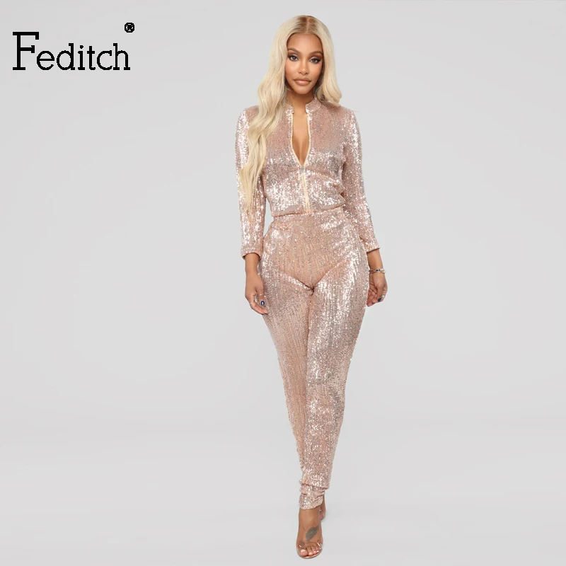 

Feditch 2019 Sequin Sexy Party Jumpsuit Women Zipper Sequined Playsuits Overall Long Sleeve Clubwear Jumpsuit Romper Femme