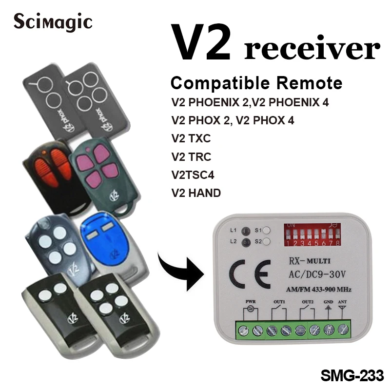 

V2 garage remote receiver RX Multi Frequency 300-868MHZ AC/DC 9-30V Universal Rolling Code Remote Receiver V2 gate receiver