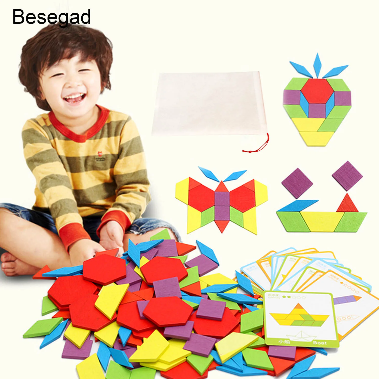 

Besegad 155pcs Classic Wooden Jigsaw Puzzle Toy Colorful Jigsaw Puzzle Game Board with Reference Cards Children Educational Toys