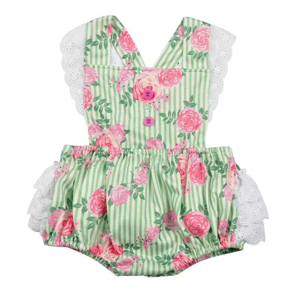 Flower Pattern Infant Romper Baby Girl Lace Fabric Green And Spring Newborn Boutique Summer