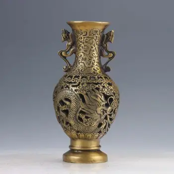 

Chinese Brass Handwork Hollow Carved Dragon & Phoenix Vase W Daqing Mark