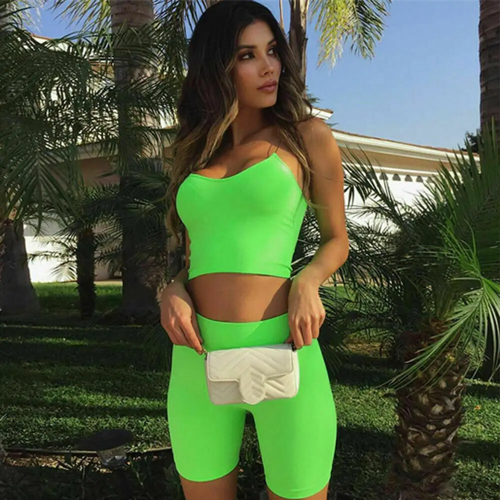 

Women Summer Yoga Clothes Sets Crop Tops and Biker Short Reflective Sport Tracksuit 2 Piece Set