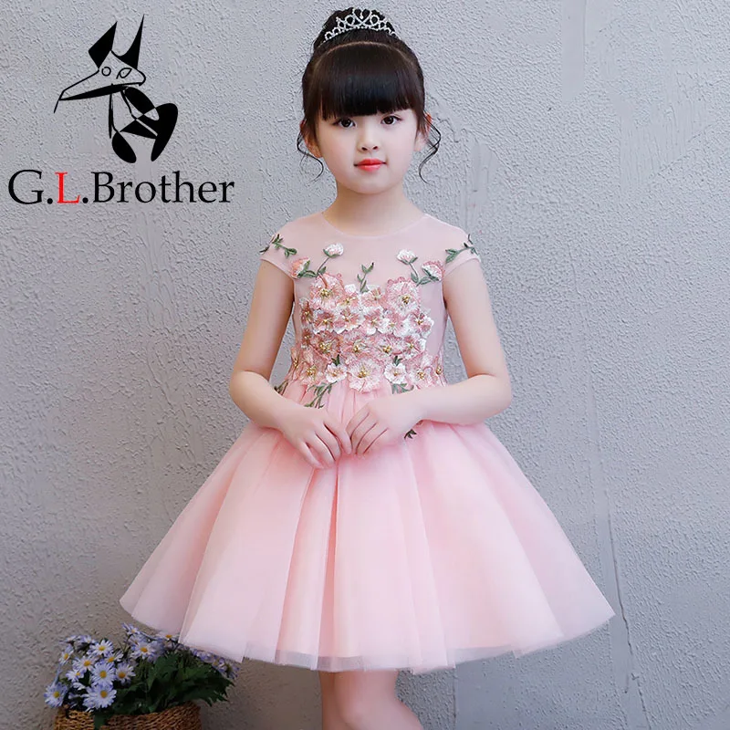 

1-8 Years Pink Princess Dress Embroidery Flower Girl Dresses For Wedding Ball Gown Kids Pageant Dress For Birthday Costume B141