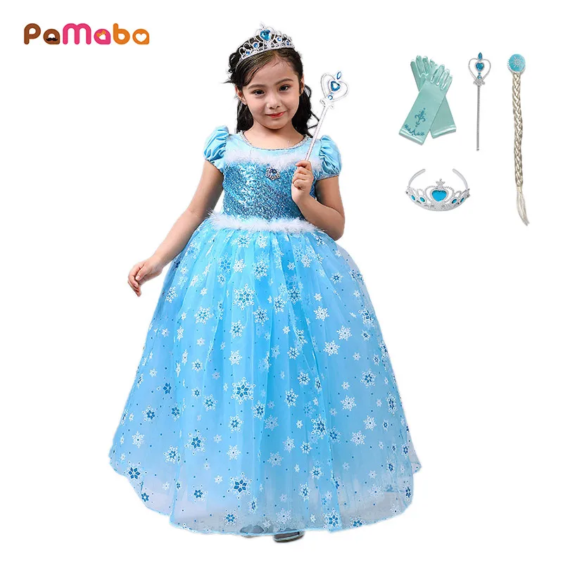 

PaMaBa Baby Girls Princess Elsa Tutu Dress Sequined Snowflake Print Fancy Kids Anna Cosplay Costume Vestidos Elsa/Anna Ball Gown