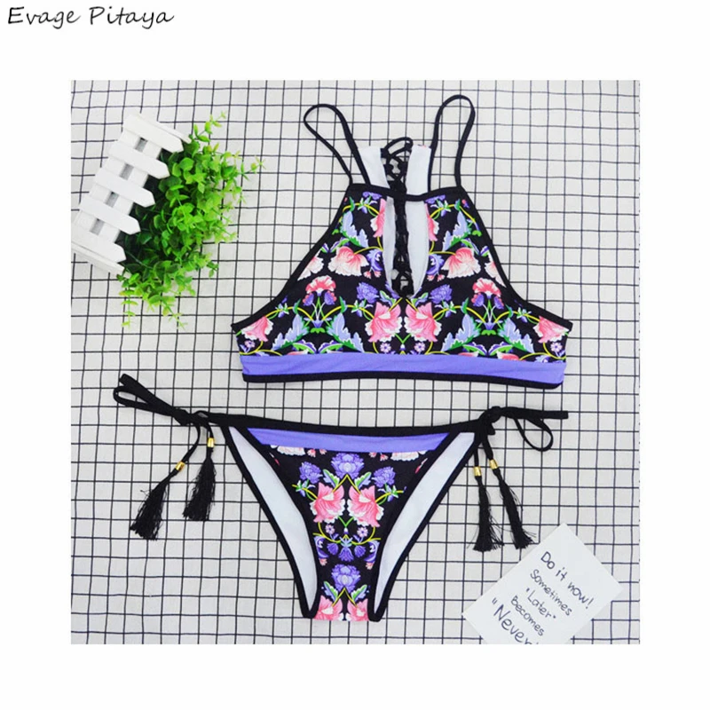 

Evage pitaya hot sale swimwear women 2019 bikinis sexy bikini set Multi-rope cross fringe high neck string bikini thongs
