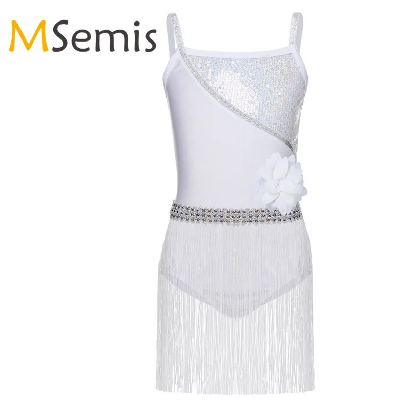 MSemis Kids Girls Shiny Sequins Tassel Latin Dress Glitter Rumba Samba Tango Salsa Dance Dress Ballroom Dance Costume