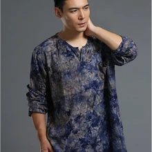 Осенняя мужская рубашка в китайском народном стиле из окрашенного хлопка и льна, свободные мужские рубашки большого размера, пуловер, мужская рубашка