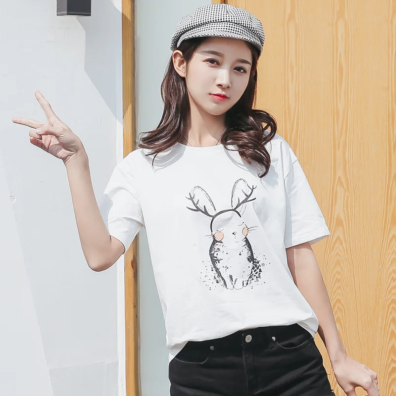 Pack-of-2-summer-new-cotton-t-shirt-female-short-sleeved-white-round-neck-loose-student